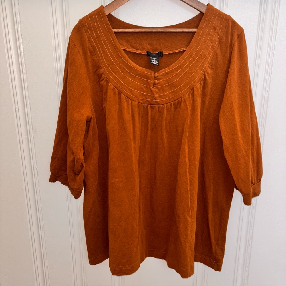 Ellos Fall Brown Cotton/Spandex Women’s 1X Round Yoke Top Causal Everyday Office